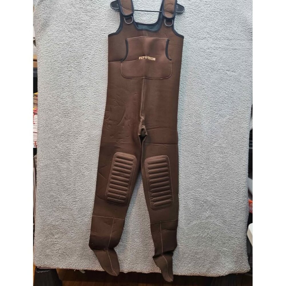 Fly Tech Brown Neoprene Chest Waders sock foot Knee Pads Adjust Straps Size M